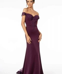 Elizabeth K - GL2958 Beaded Lace Appliqued Off Shoulder Jersey Gown