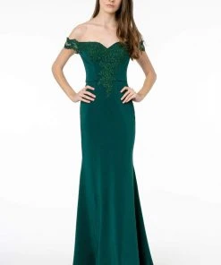 Elizabeth K - GL2958 Beaded Lace Appliqued Off Shoulder Jersey Gown