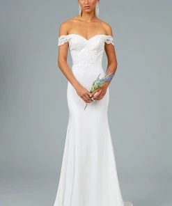 Elizabeth K - GL2958 Beaded Lace Appliqued Off Shoulder Jersey Gown