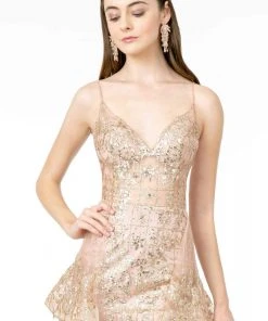 Elizabeth K - GL2959 Plunging V-Neck Glitter Mesh Trumpet Dress