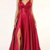 Elizabeth K - GL2963 Deep V-Neck Satin A-Line Dress With Slit