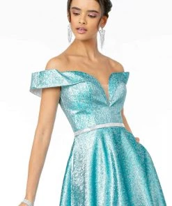 Elizabeth K - GL2982 Folded Off Shoulder Metallic Lame A-Line Gown