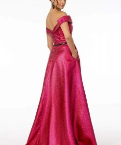 Elizabeth K - GL2982 Folded Off Shoulder Metallic Lame A-Line Gown
