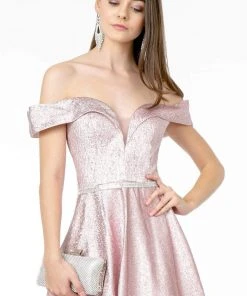 Elizabeth K - GL2982 Folded Off Shoulder Metallic Lame A-Line Gown