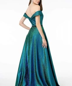 Elizabeth K - GL2982 Folded Off Shoulder Metallic Lame A-Line Gown