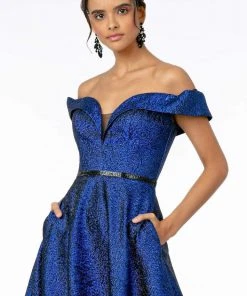 Elizabeth K - GL2982 Folded Off Shoulder Metallic Lame A-Line Gown