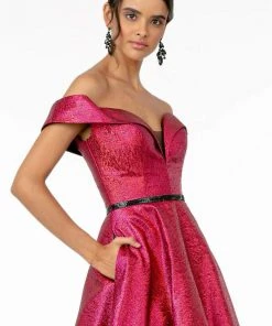 Elizabeth K - GL2982 Folded Off Shoulder Metallic Lame A-Line Gown