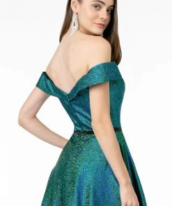 Elizabeth K - GL2982 Folded Off Shoulder Metallic Lame A-Line Gown