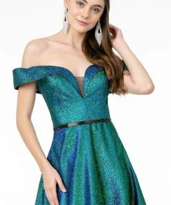 Elizabeth K - GL2982 Folded Off Shoulder Metallic Lame A-Line Gown