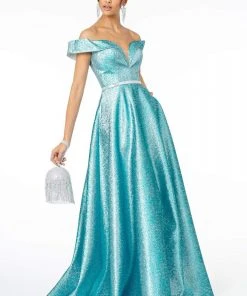 Elizabeth K - GL2982 Folded Off Shoulder Metallic Lame A-Line Gown