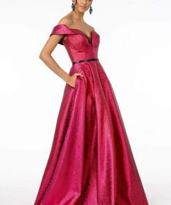 Elizabeth K - GL2982 Folded Off Shoulder Metallic Lame A-Line Gown