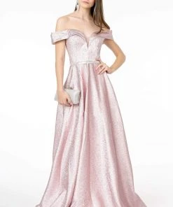 Elizabeth K - GL2982 Folded Off Shoulder Metallic Lame A-Line Gown