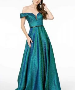 Elizabeth K - GL2982 Folded Off Shoulder Metallic Lame A-Line Gown