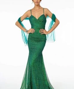Elizabeth K - GL2988 Glitter Mesh Deep V-Neck Trumpet Dress 14 Elizabeth K - GL2988 Glitter Mesh Deep V-Neck Trumpet Dress