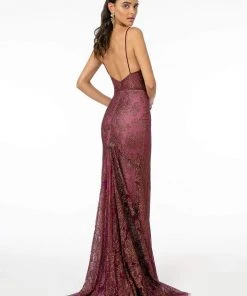 Elizabeth K - GL2989 Embellished Deep V-Neck Trumpet Dress