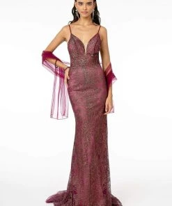 Elizabeth K - GL2989 Embellished Deep V-Neck Trumpet Dress