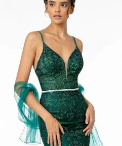 Elizabeth K - GL2990 Jeweled Deep V-Neck Sheath Dress