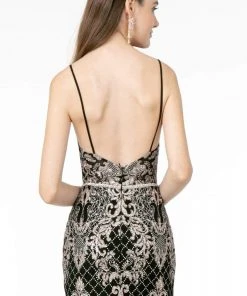 Elizabeth K - GL2990 Jeweled Deep V-Neck Sheath Dress