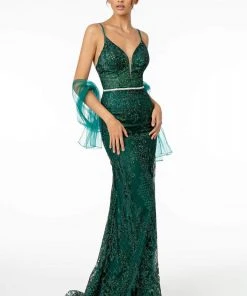 Elizabeth K - GL2990 Jeweled Deep V-Neck Sheath Dress