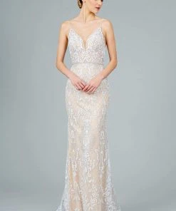 Elizabeth K - GL2990 Jeweled Deep V-Neck Sheath Dress