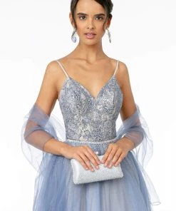 Elizabeth K - GL2991 Embellished Deep V-Neck A-Line Dress