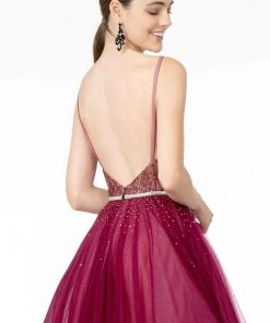 Elizabeth K - GL2991 Embellished Deep V-Neck A-Line Dress