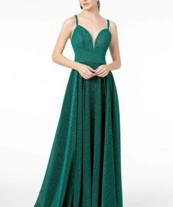 Elizabeth K - GL2997 Deep V-Neck A-Line Gown With Slit