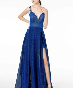 Elizabeth K - GL2997 Deep V-Neck A-Line Gown With Slit