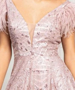 Elizabeth K GL3046 - Feather Sleeves A-Line Dress