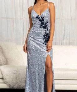 Elizabeth K GL3049 - Floral Applique Sequin Prom Dress