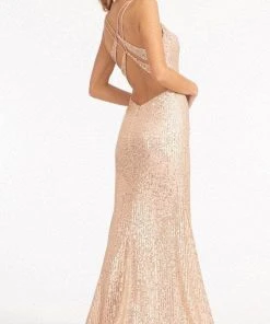 Elizabeth K GL3050 - Lace Trimmed Sequin Prom Dress