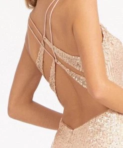 Elizabeth K GL3050 - Lace Trimmed Sequin Prom Dress