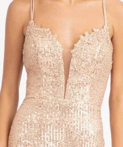 Elizabeth K GL3050 - Lace Trimmed Sequin Prom Dress