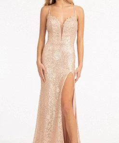 Elizabeth K GL3050 - Lace Trimmed Sequin Prom Dress