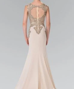 Elizabeth K - Gold Toned Embroidered Beaded Bodice Gown GL1461