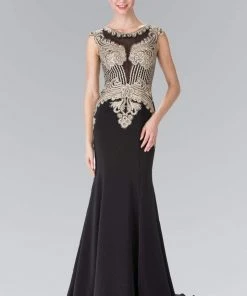 Elizabeth K - Gold Toned Embroidered Beaded Bodice Gown GL1461