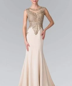 Elizabeth K - Gold Toned Embroidered Beaded Bodice Gown GL1461