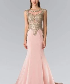 Elizabeth K - Gold Toned Embroidered Beaded Bodice Gown GL1461