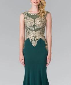 Elizabeth K - Gold Toned Embroidered Beaded Bodice Gown GL1461