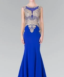 Elizabeth K - Gold Toned Embroidered Beaded Bodice Gown GL1461