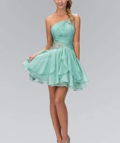 Elizabeth K - GS1037 Jeweled One Shoulder Short Ruffled Dress