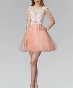 Elizabeth K - GS2045 Lace Embellished V-Neck Tulle Dress
