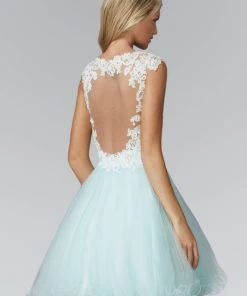 Elizabeth K - GS2045 Lace Embellished V-Neck Tulle Dress