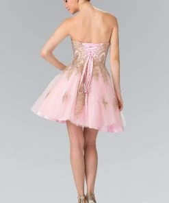 Elizabeth K - GS2371 Strapless Sweetheart Gold Lace Applique Dress