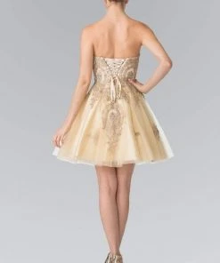 Elizabeth K - GS2371 Strapless Sweetheart Gold Lace Applique Dress