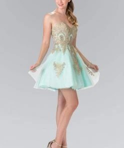 Elizabeth K - GS2371 Strapless Sweetheart Gold Lace Applique Dress