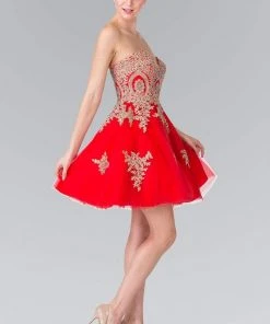 Elizabeth K - GS2371 Strapless Sweetheart Gold Lace Applique Dress