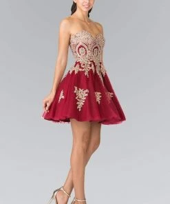 Elizabeth K - GS2371 Strapless Sweetheart Gold Lace Applique Dress