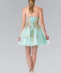 Elizabeth K - GS2371 Strapless Sweetheart Gold Lace Applique Dress