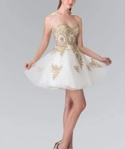 Elizabeth K - GS2371 Strapless Sweetheart Gold Lace Applique Dress